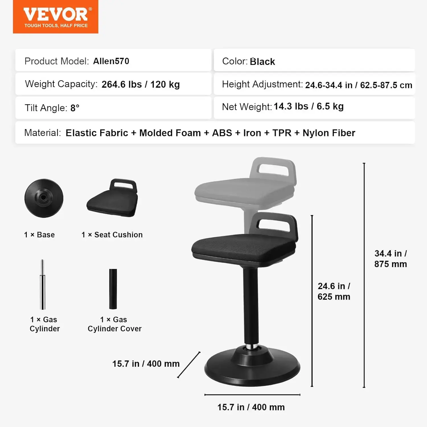 Active Chair with Handle, Height-Adjustable (24.6-34.4") Wobble Chair Made of Elastic Fabric & 45 mm Foam