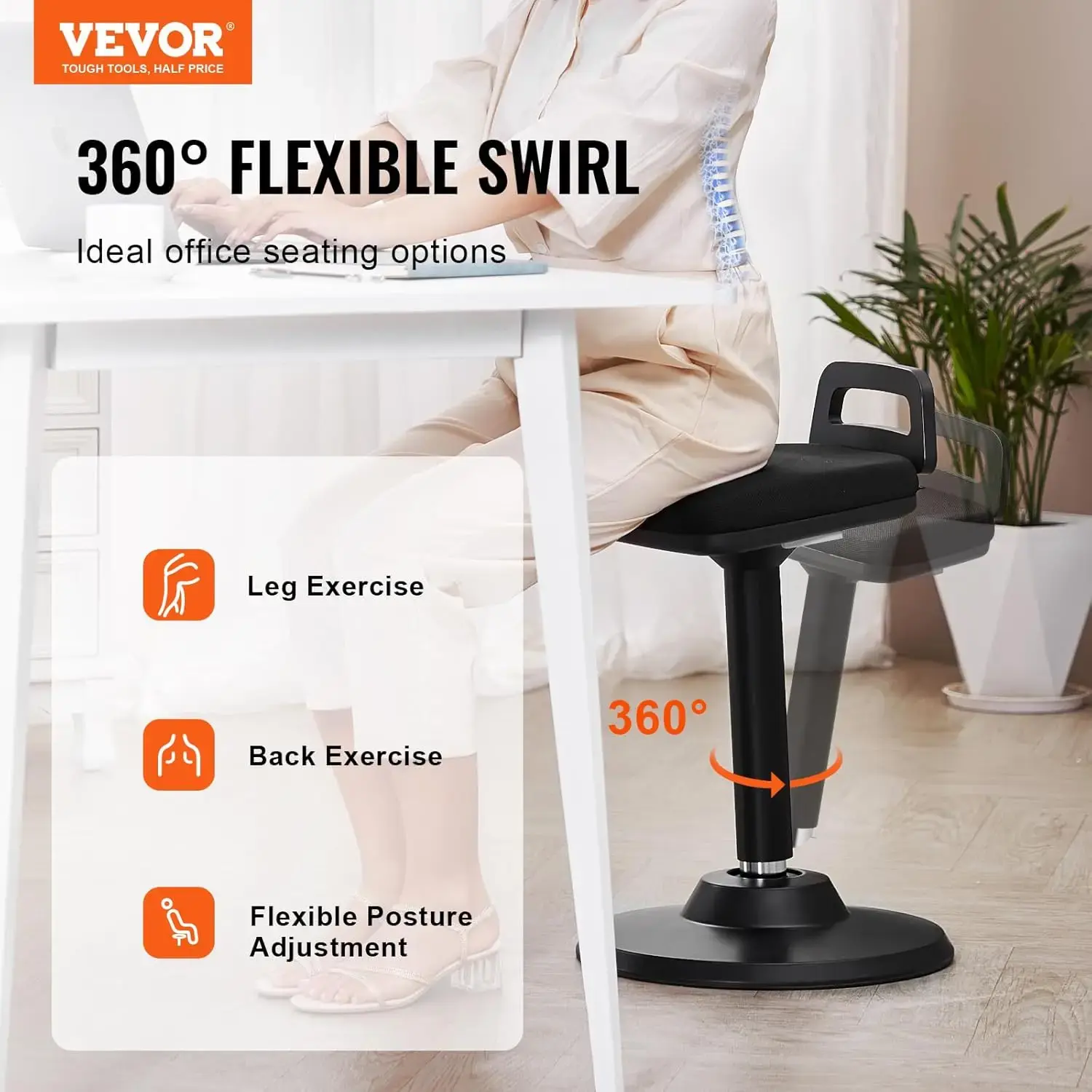Active Chair with Handle, Height-Adjustable (24.6-34.4") Wobble Chair Made of Elastic Fabric & 45 mm Foam