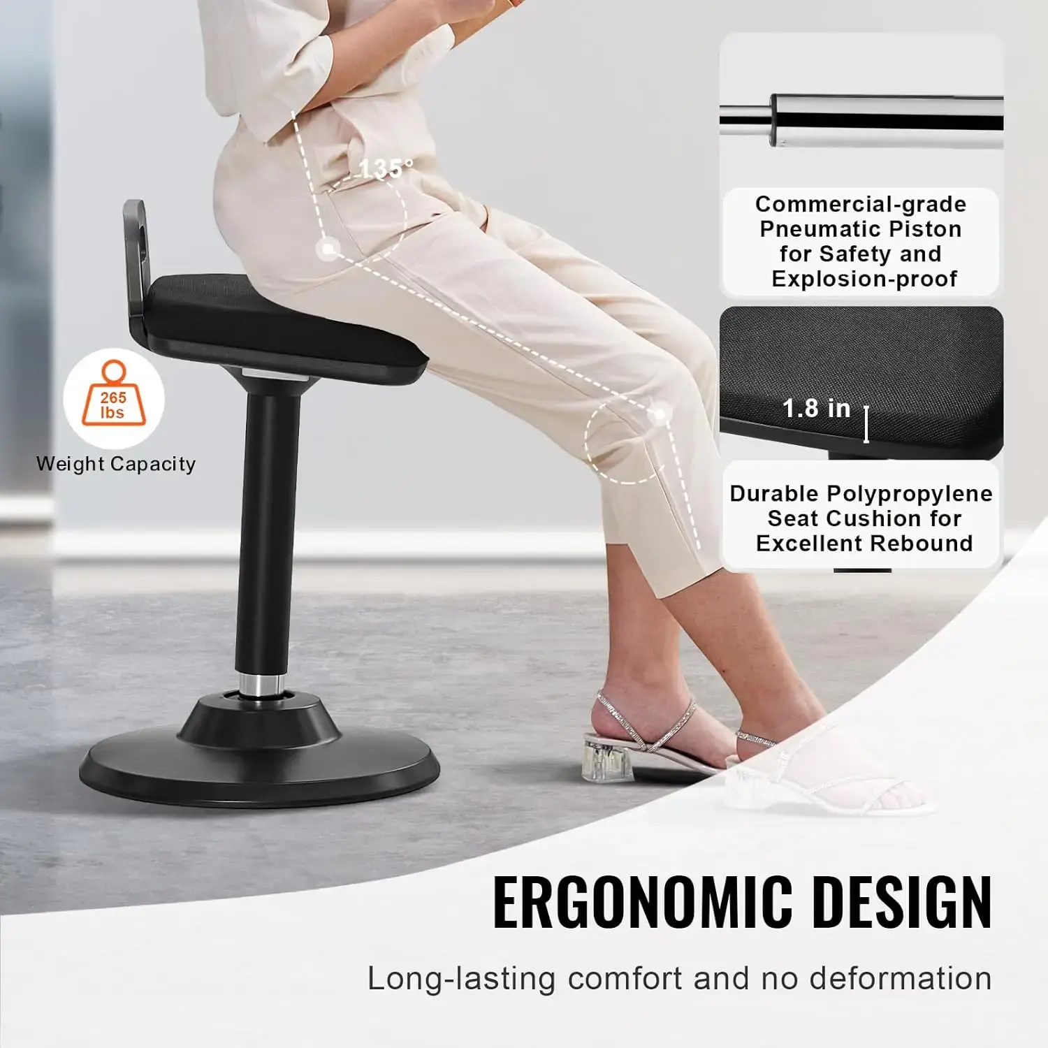 Active Chair with Handle, Height-Adjustable (24.6-34.4") Wobble Chair Made of Elastic Fabric & 45 mm Foam