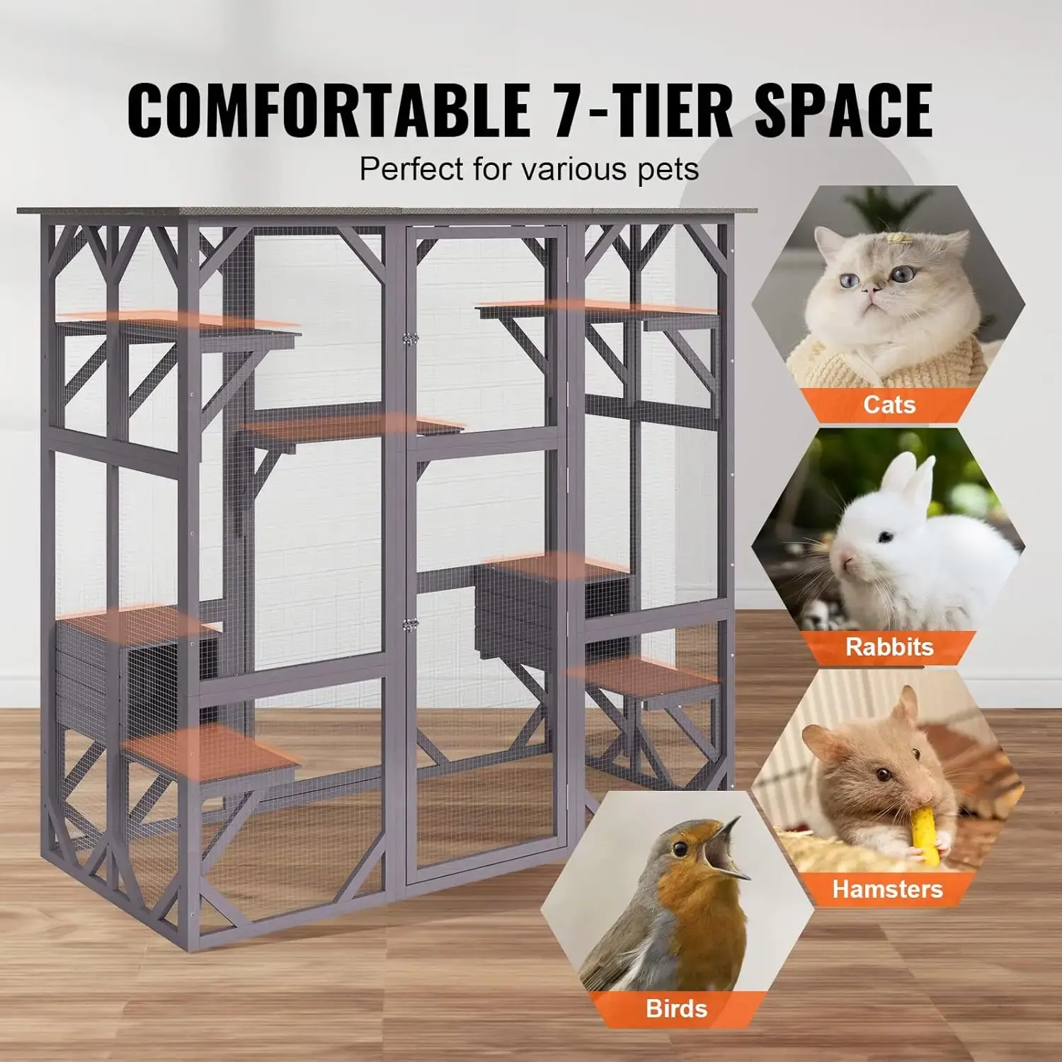 Cat Cage Condo Catio Outdoor/Indoor Cat Enclosure, Wooden Cat House with 5 Platforms