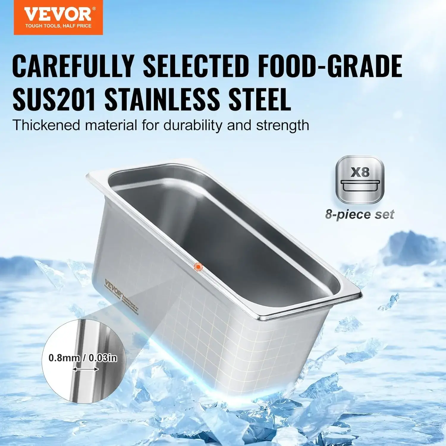 8 Pack Hotel Pans with Lids, 1/3 Size Anti-Jam Steam Pan, 0.8mm Thick Stainless Steel Steam Table Pan