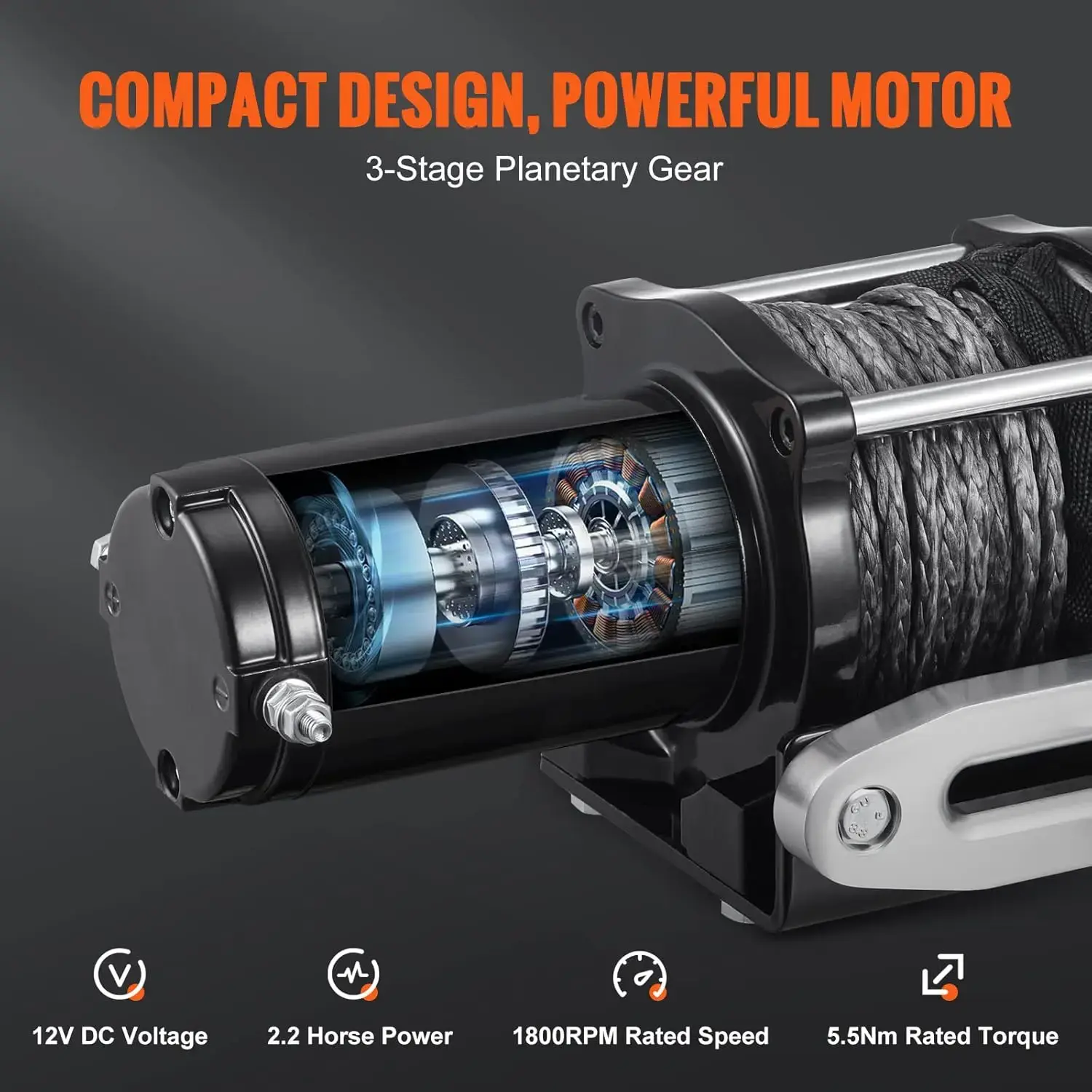 Electric Winch, 12V 4500 lb Load Capacity Nylon Rope Winch, IP55 1/4” x 39ft ATV UTV Winch