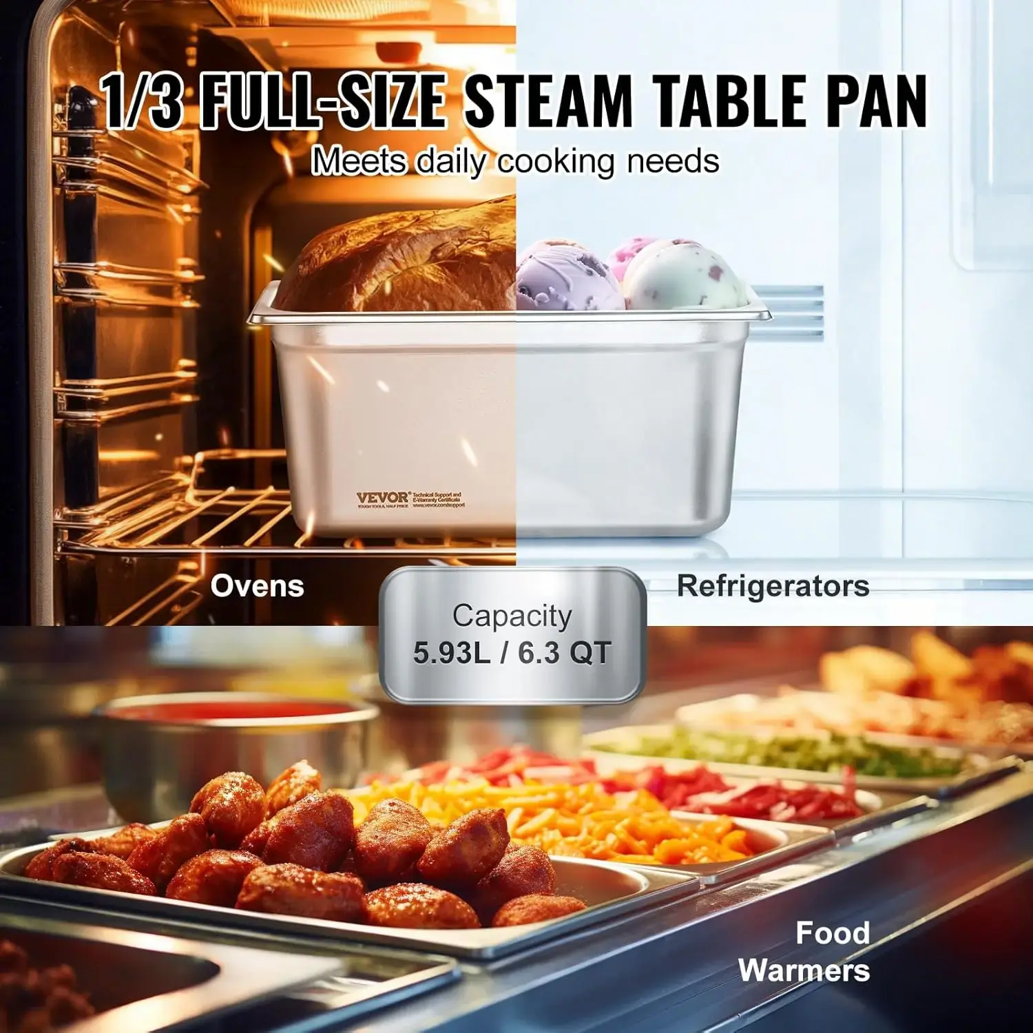 8 Pack Hotel Pans with Lids, 1/3 Size Anti-Jam Steam Pan, 0.8mm Thick Stainless Steel Steam Table Pan