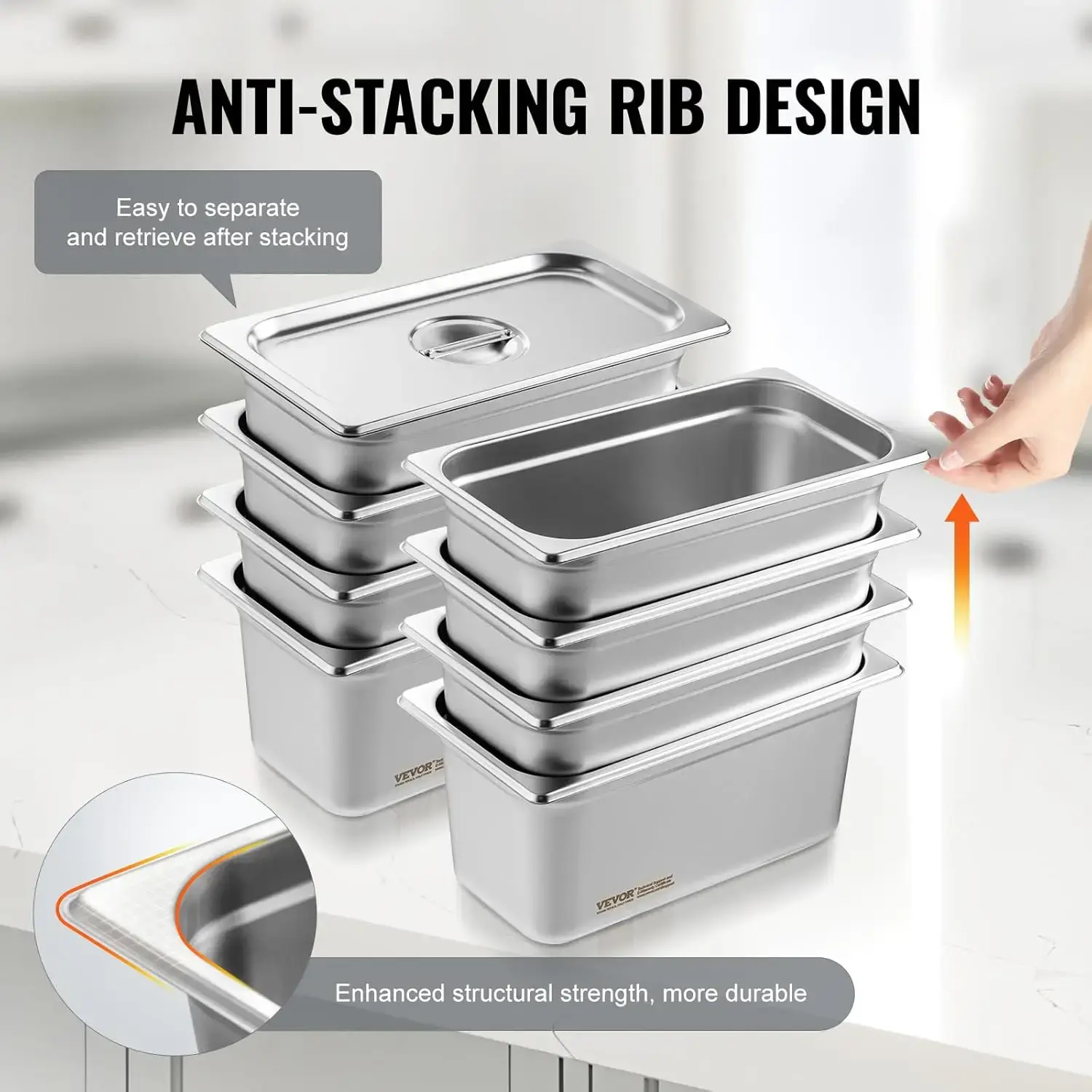 8 Pack Hotel Pans with Lids, 1/3 Size Anti-Jam Steam Pan, 0.8mm Thick Stainless Steel Steam Table Pan