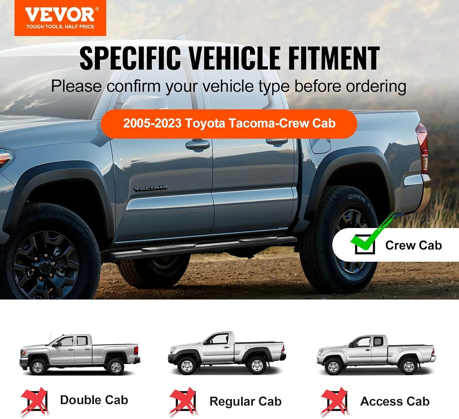 Running Boards,3" Step Bars Compatible with 2005-2023 Toyota Tacoma-Crew Cab,4 Full-size Doors Carbon Steel Side Steps Nerf Bars