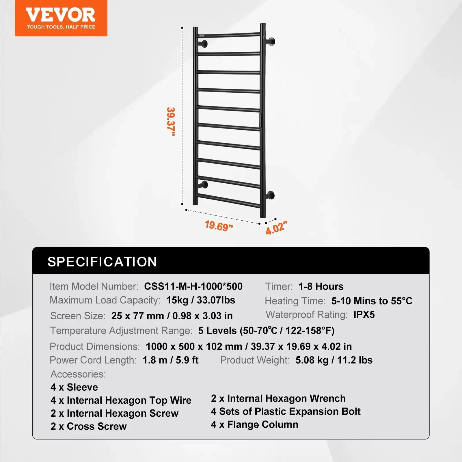 10-Bar Towel Warmer Rack Wall Mounted Heated Towel Rack for Bathroom