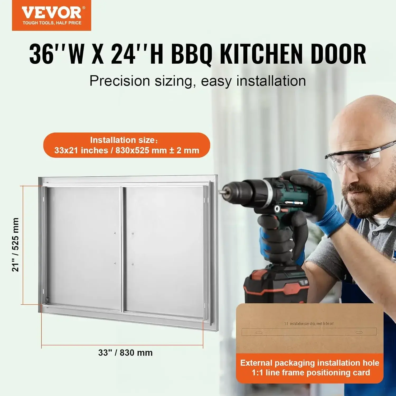 BBQ Access Door, 36W x 24H Inch Double Outdoor Kitchen Door, Stainless Steel Flush Mount Door, Wall Vertical Door with Handles