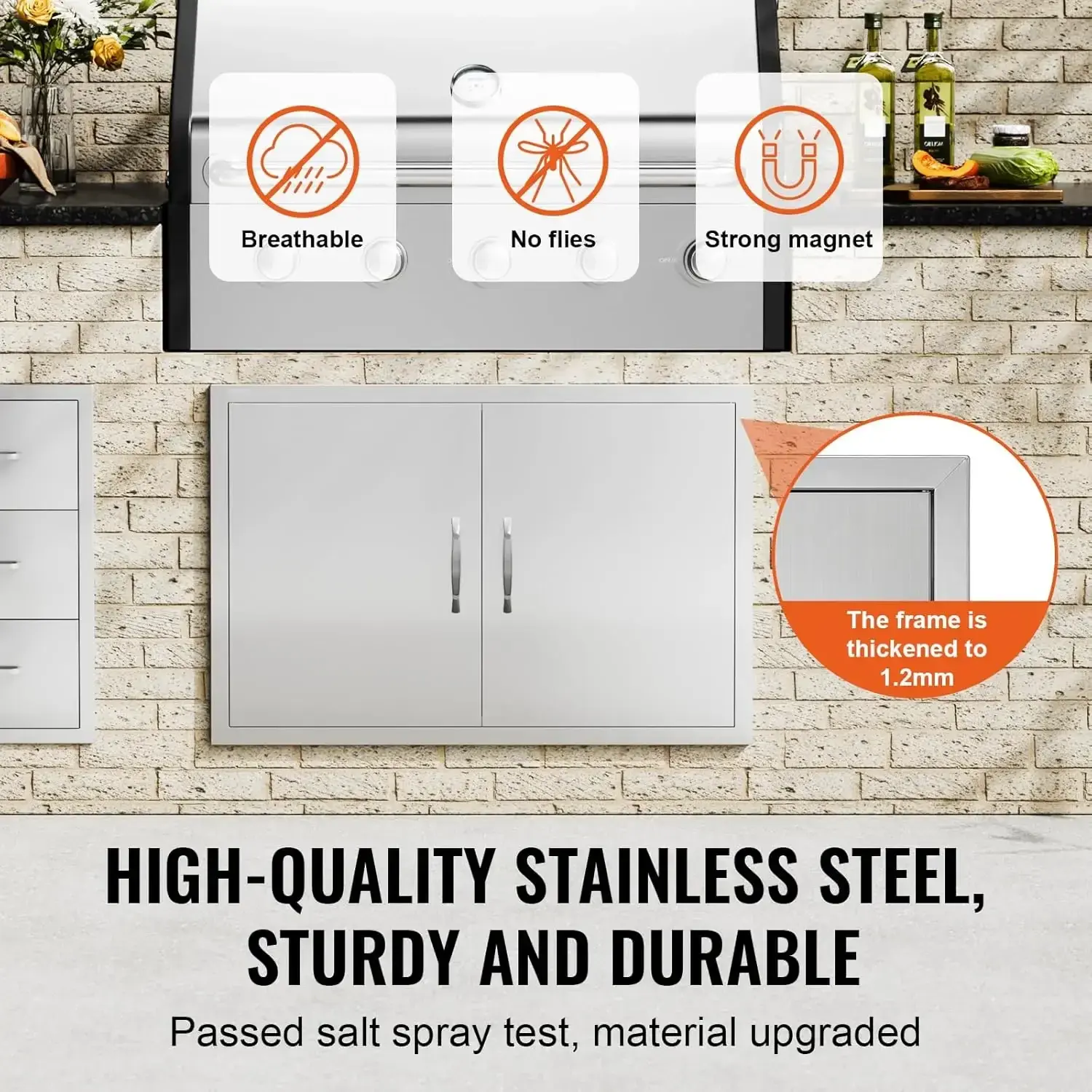 BBQ Access Door, 36W x 24H Inch Double Outdoor Kitchen Door, Stainless Steel Flush Mount Door, Wall Vertical Door with Handles