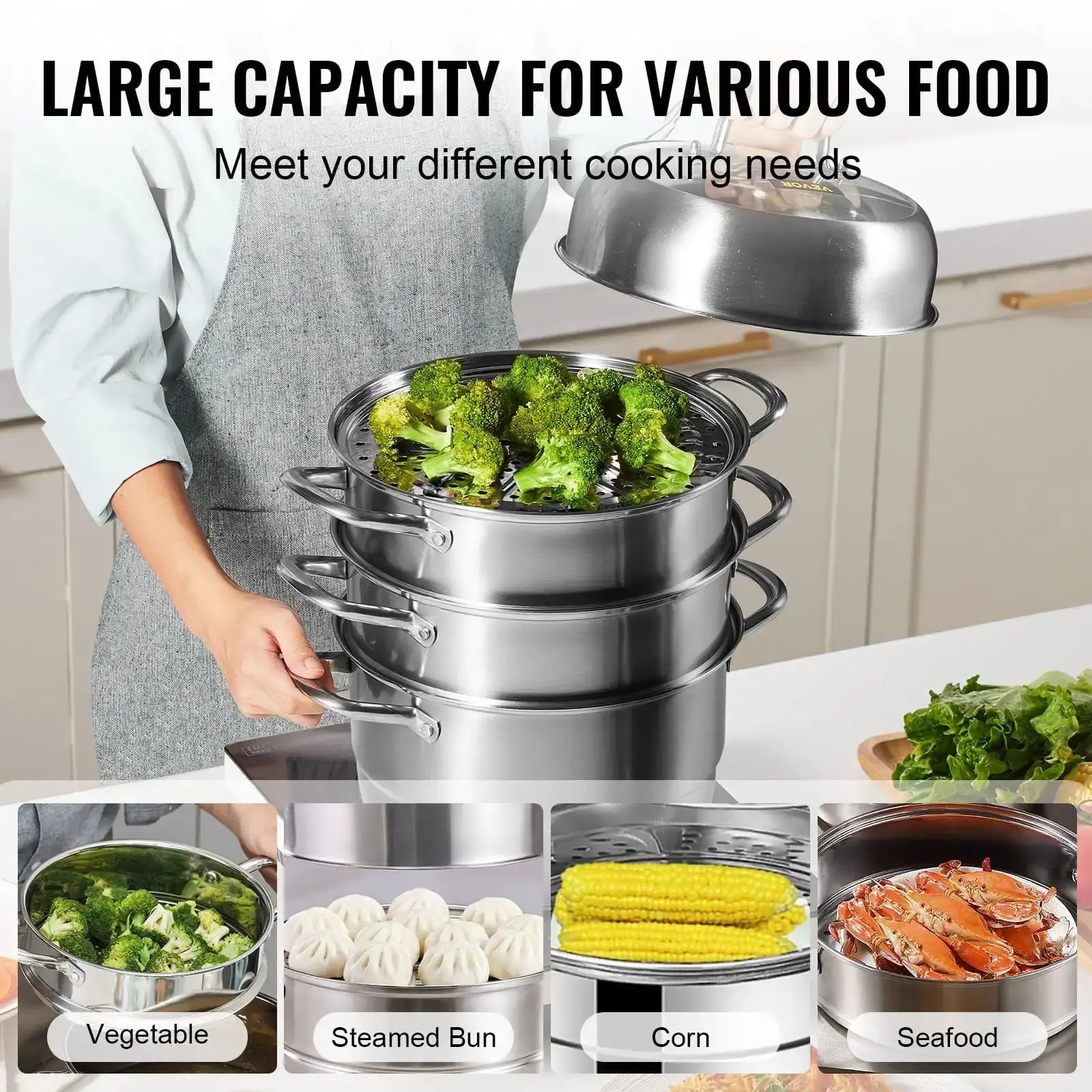 5-Tier Stainless Steel Steamer,11'' Multi-Layer Cookware Pot with Handles on Both Sides,Work with Gas, Electric, Grill Stove Top