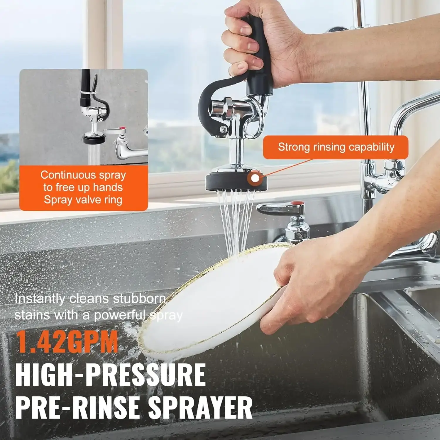 Commercial Faucet with Pre-Rinse Sprayer, 36" Height, 8" Center, 12" Swing Spout, Wall Mount Kitchen Sink Faucet