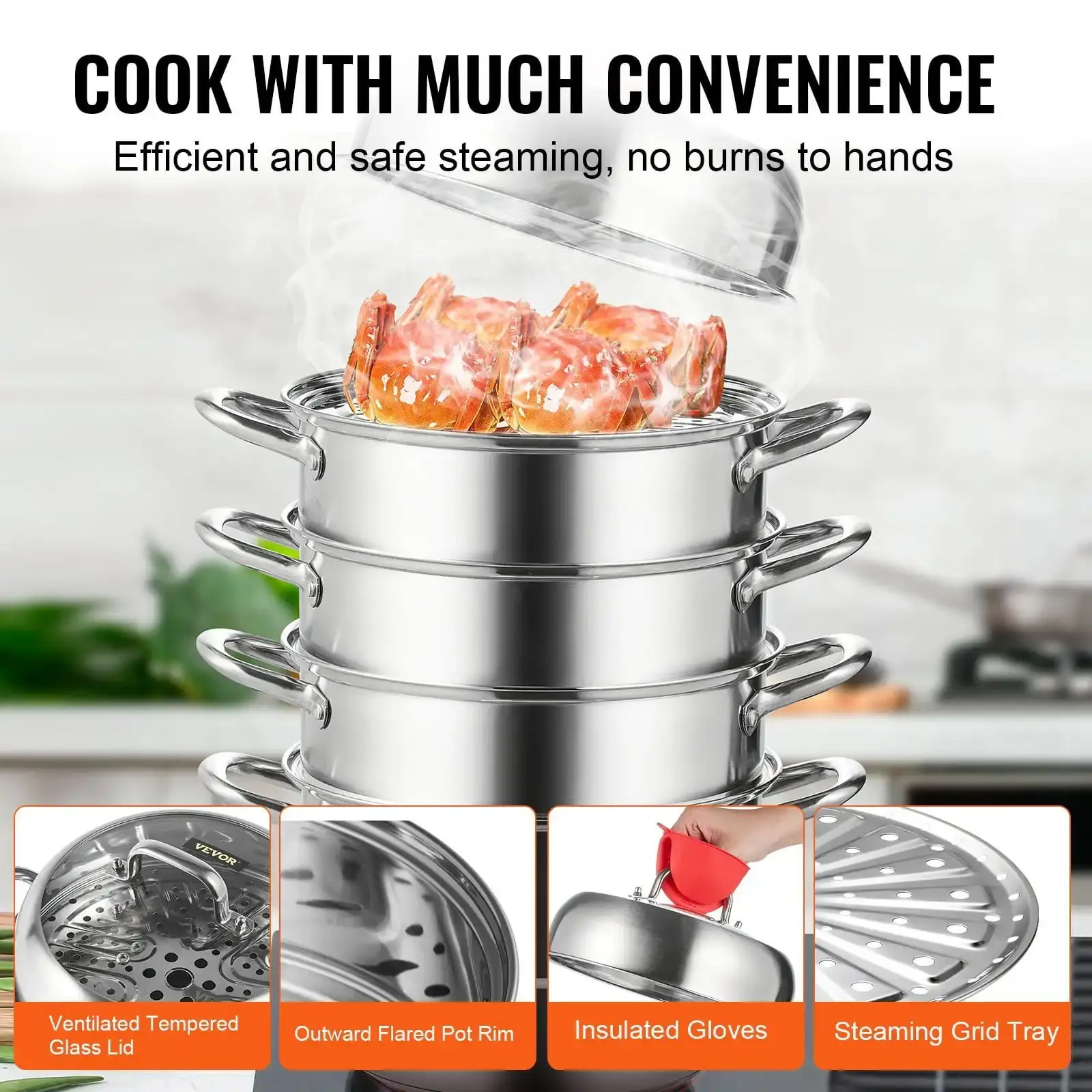 5-Tier Stainless Steel Steamer,11'' Multi-Layer Cookware Pot with Handles on Both Sides,Work with Gas, Electric, Grill Stove Top