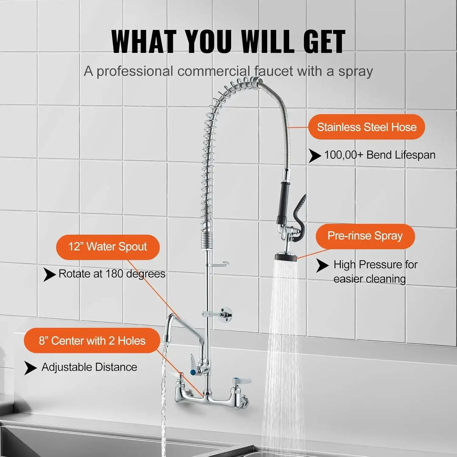 Commercial Faucet with Pre-Rinse Sprayer, 36" Height, 8" Center, 12" Swing Spout, Wall Mount Kitchen Sink Faucet