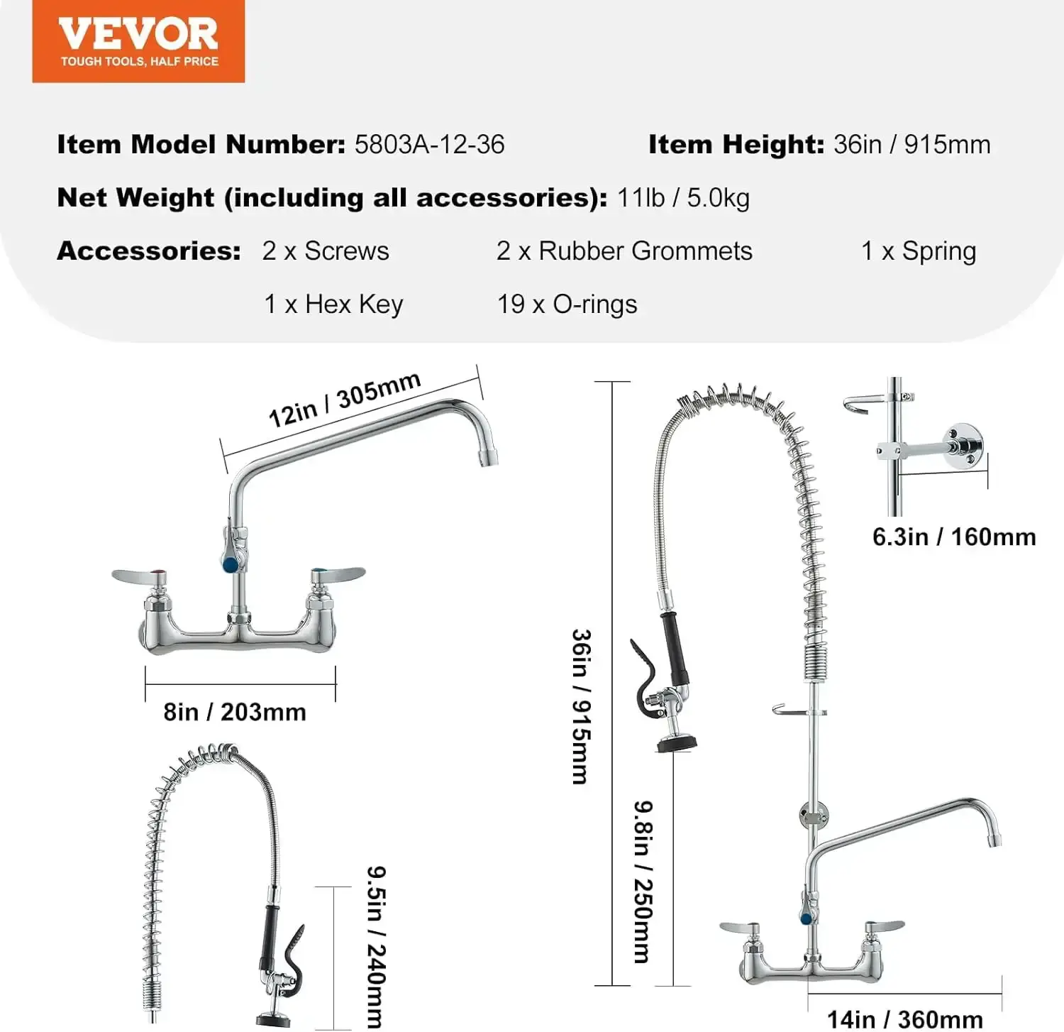 Commercial Faucet with Pre-Rinse Sprayer, 36" Height, 8" Center, 12" Swing Spout, Wall Mount Kitchen Sink Faucet