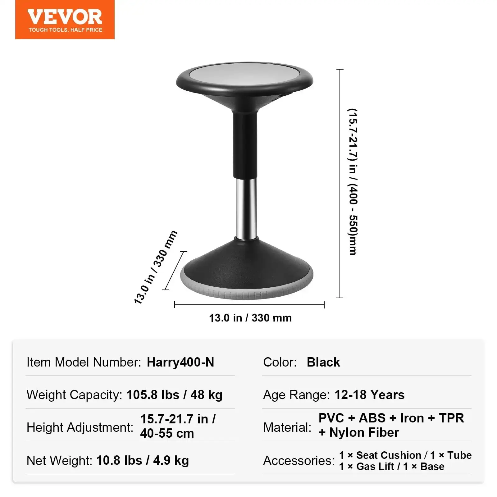 Wobble Chair, Height-Adjustable (15.7-21.7") Active Chair, Flexible Seating Wobble Stool Made of PVC+ABS Improves Focus  Posture