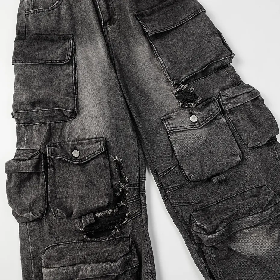Y2K Vintage Baggy Jeans Multi Pocket Ripped Loose Straight Denim Pants Men's Streetwear Harajuku Hip Hop Jeans Trousers