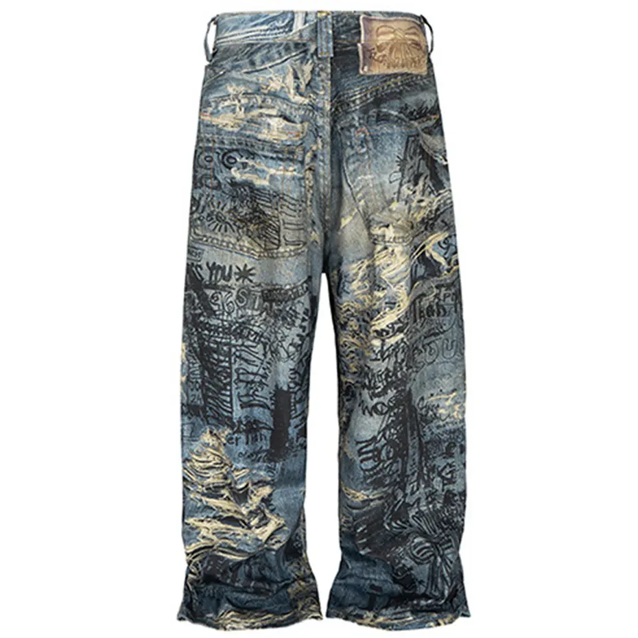 Distressed Ripped Graphic Jeans Men's Vintage Loose Straight Denim Pants Streetwear Harajuku Hip Hop Baggy Jeans