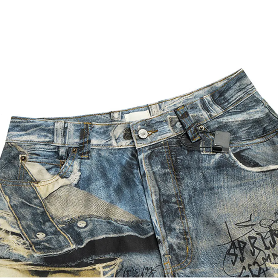 Distressed Ripped Graphic Jeans Men's Vintage Loose Straight Denim Pants Streetwear Harajuku Hip Hop Baggy Jeans