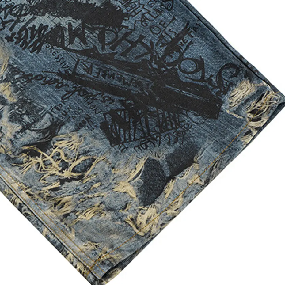 Distressed Ripped Graphic Jeans Men's Vintage Loose Straight Denim Pants Streetwear Harajuku Hip Hop Baggy Jeans