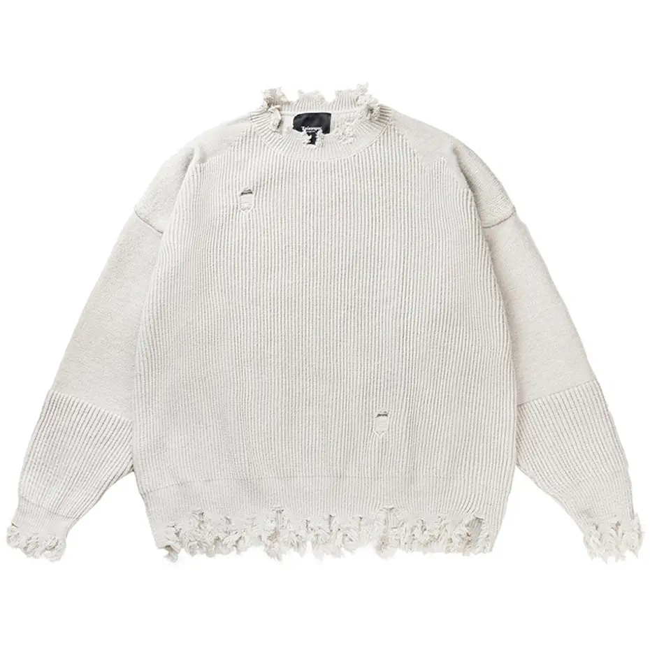Harajuku Oversized Knit Sweater Ripped Tassel Sweater Unisex Vintage Knitted Jumper Streetwear Hip Hop Men Sweaters Black Gray