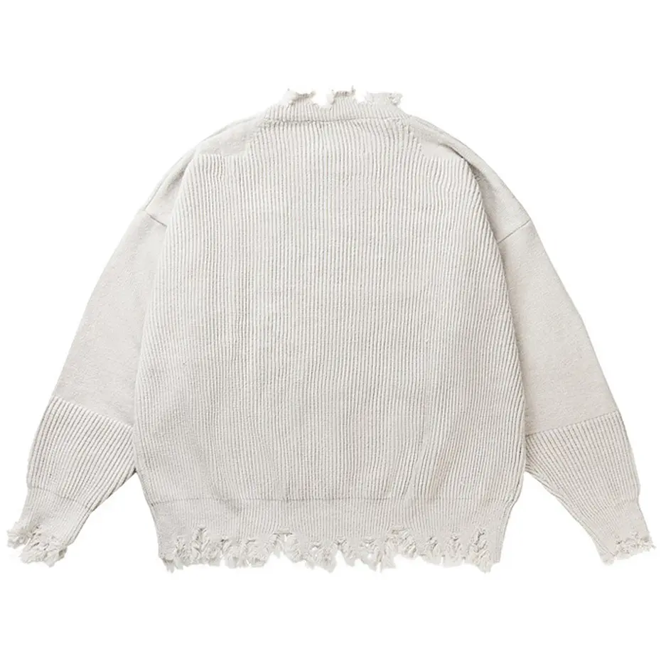 Harajuku Oversized Knit Sweater Ripped Tassel Sweater Unisex Vintage Knitted Jumper Streetwear Hip Hop Men Sweaters Black Gray