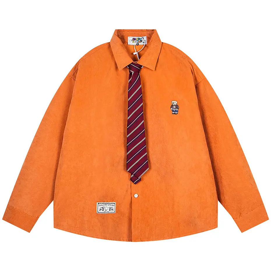 Vintage Long Sleeve Shirts with Necktie Japanese Harajuku Oversized Shirts Button Up Blouse Streetwear Harajuku Varsity Shirts