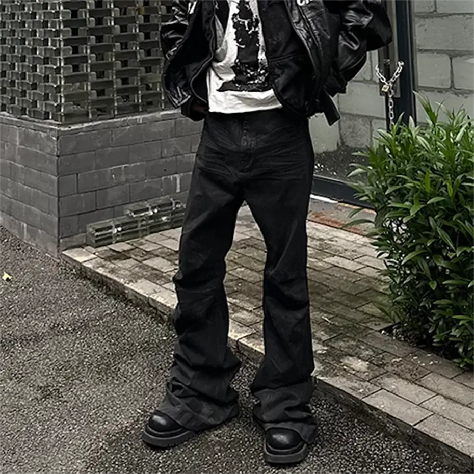 Glue Coated Jeans Streetwear Hip Hop Baggy Jeans Boot Cut Denim Pants Harajuku Loose Straight Flared Jeans Black