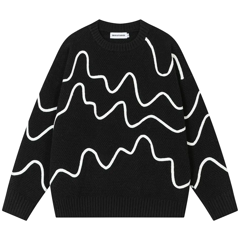 Streetwear Harajuku Hip Hop Oversized Sweaters Striped Splicing Loose Casual Sweaters Knit Jumper Beige Black Pullover Sweaters