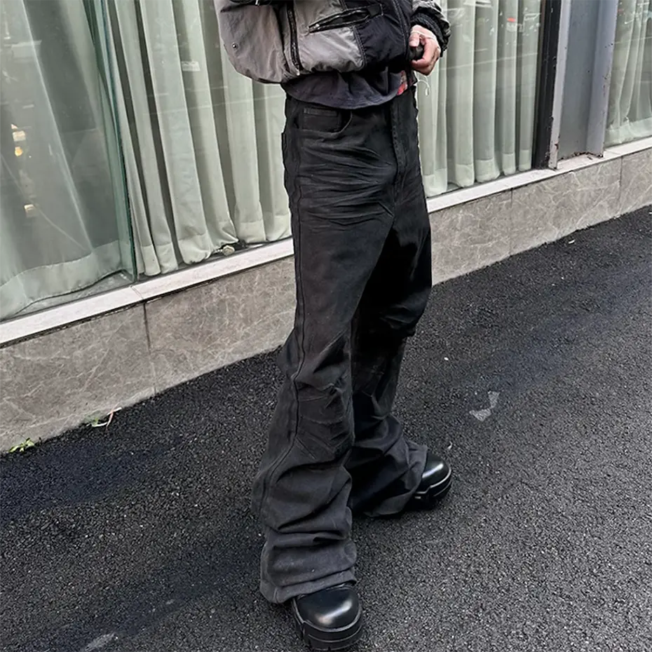 Glue Coated Jeans Streetwear Hip Hop Baggy Jeans Boot Cut Denim Pants Harajuku Loose Straight Flared Jeans Black