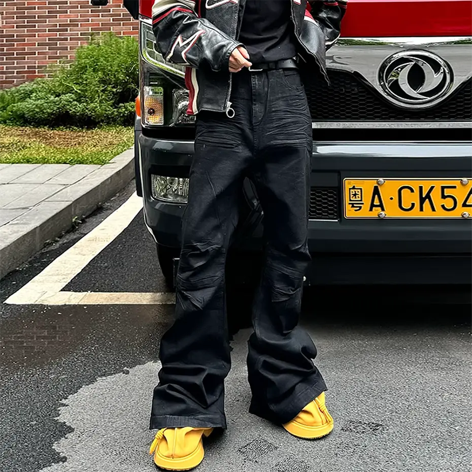 Glue Coated Jeans Streetwear Hip Hop Baggy Jeans Boot Cut Denim Pants Harajuku Loose Straight Flared Jeans Black