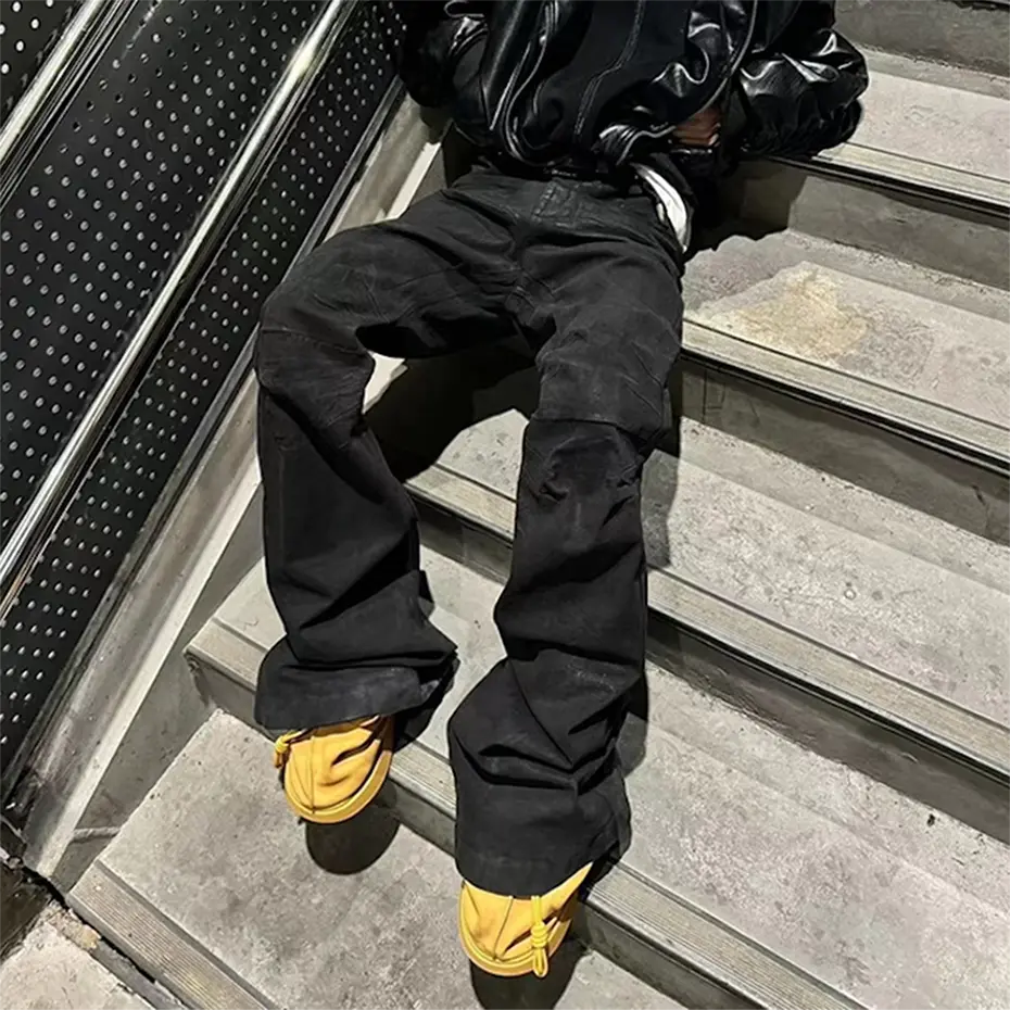 Glue Coated Jeans Streetwear Hip Hop Baggy Jeans Boot Cut Denim Pants Harajuku Loose Straight Flared Jeans Black