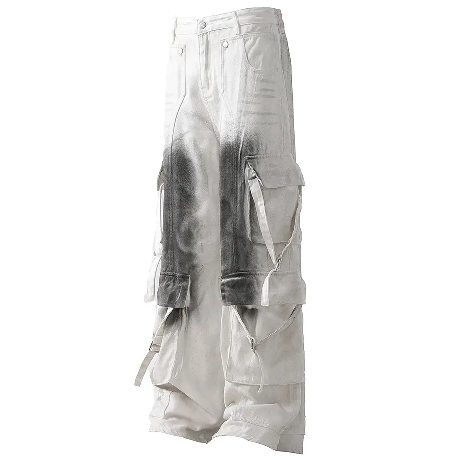 Hi Street White Baggy Jeans Multi Pocket Cargo Jeans Loose Casual Straight Denim Pants