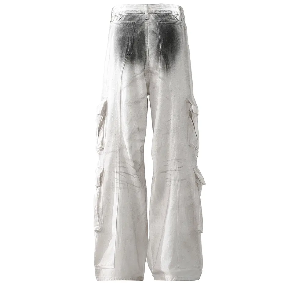 Hi Street White Baggy Jeans Multi Pocket Cargo Jeans Loose Casual Straight Denim Pants