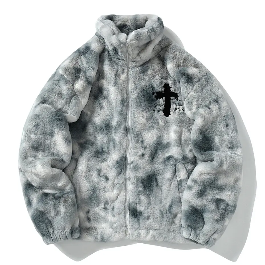 Streetwear Vintage Fleece Jacket Cross Embroidery Oversized Casual Fluffy Fuzzy Zipper Coat Harajuku Hip Hop Men Jackets 2023
