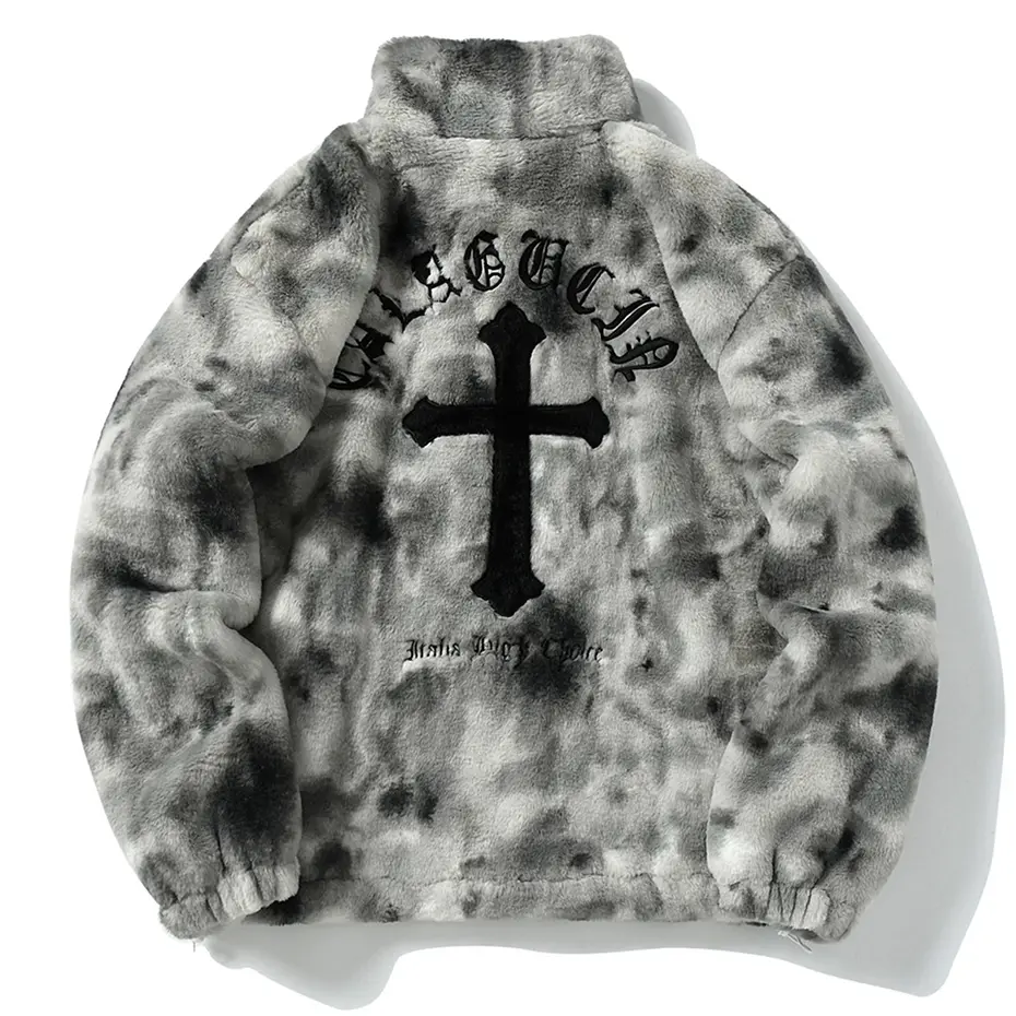 Streetwear Vintage Fleece Jacket Cross Embroidery Oversized Casual Fluffy Fuzzy Zipper Coat Harajuku Hip Hop Men Jackets 2023