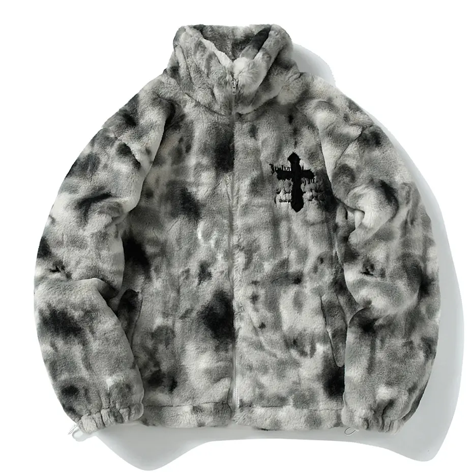 Streetwear Vintage Fleece Jacket Cross Embroidery Oversized Casual Fluffy Fuzzy Zipper Coat Harajuku Hip Hop Men Jackets 2023