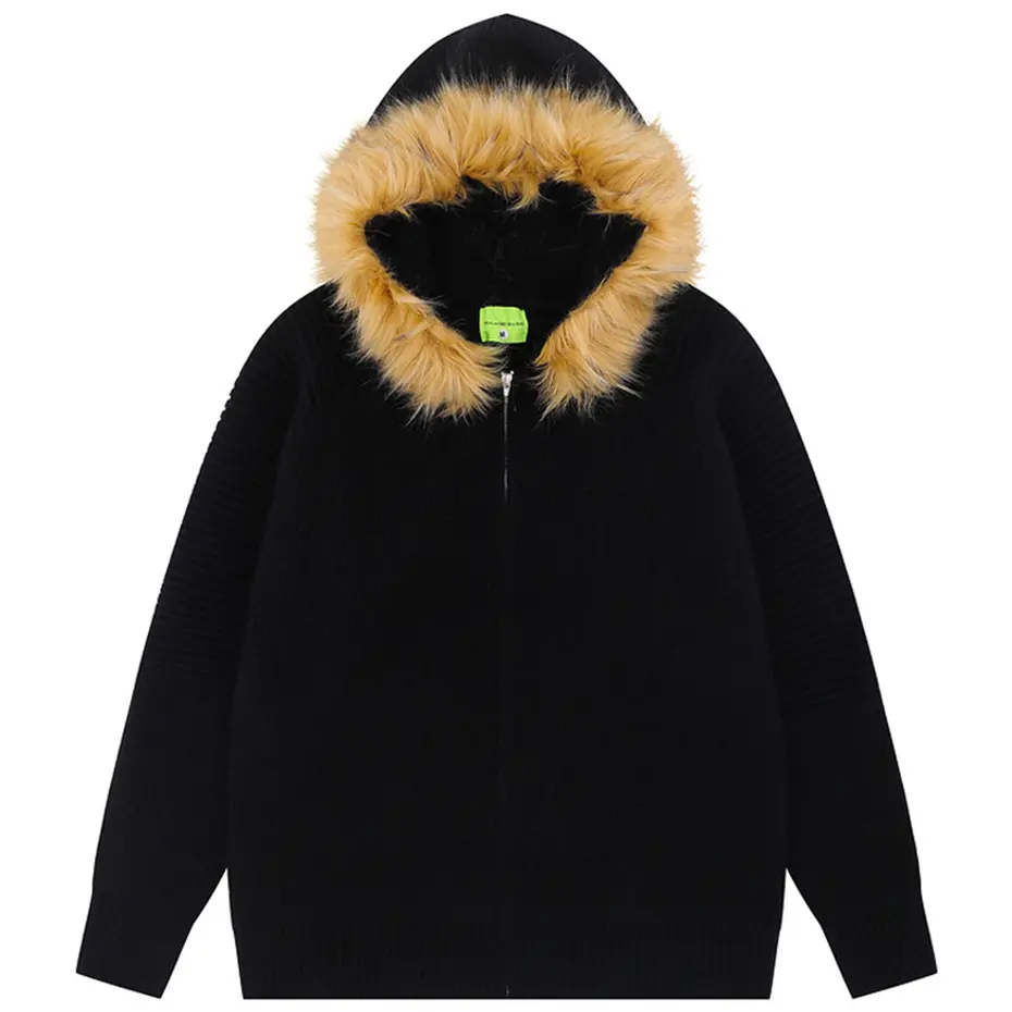 Fur Collar Sweaters Harajuku Oversized Hooded Knitted Sweaters Solid Loose Casual Jumper Streetwear Hip Hop Sweaters