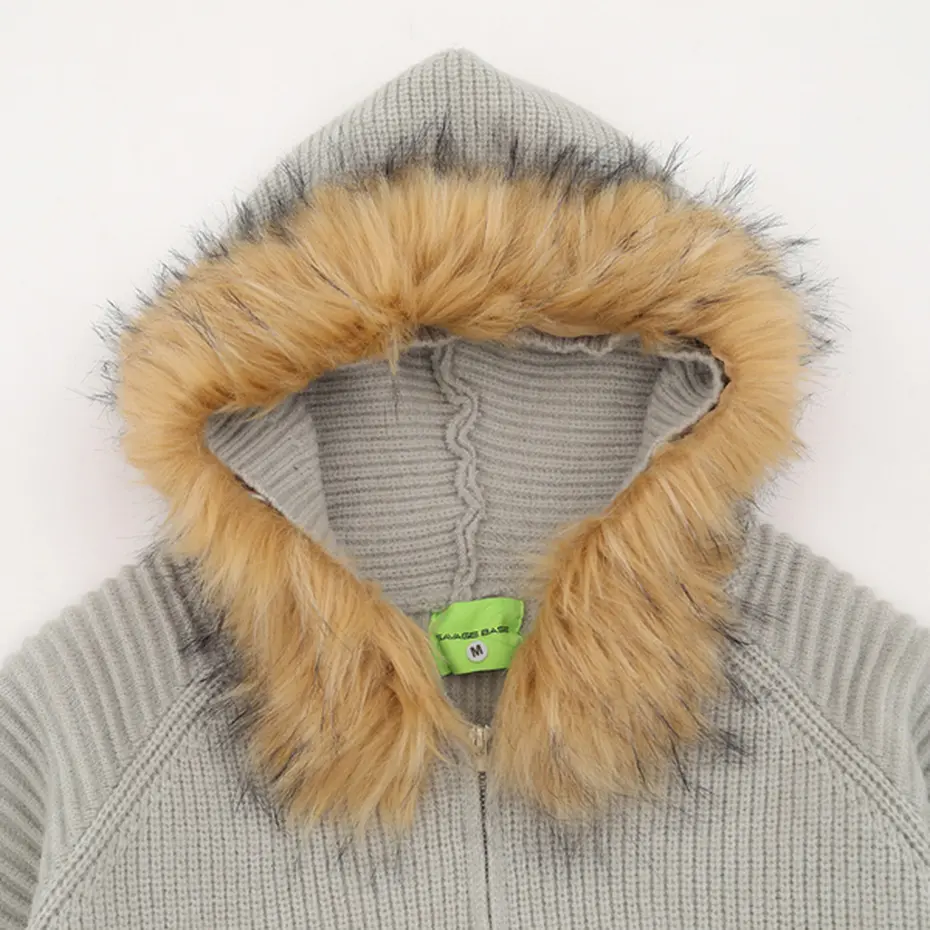 Fur Collar Sweaters Harajuku Oversized Hooded Knitted Sweaters Solid Loose Casual Jumper Streetwear Hip Hop Sweaters