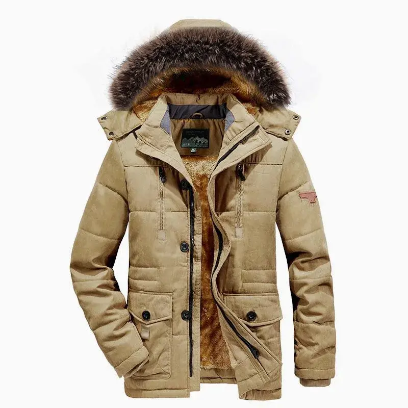New Fashion Men Hooded Fur Collar Long Jackets Warm Parkas Fleece Down Jackets Male Winter Coats Outdoor Casual Jackets Size 7XL