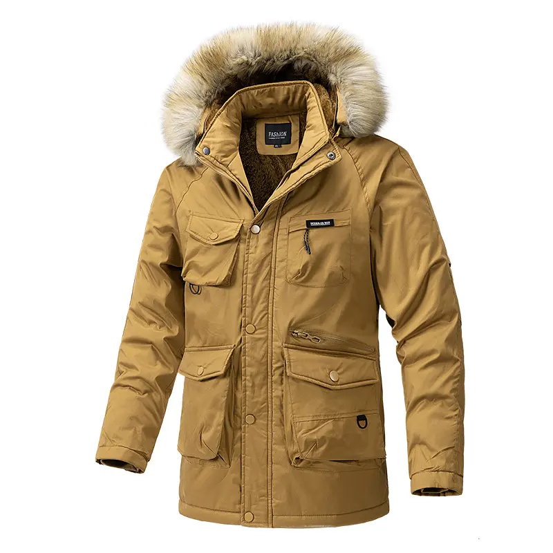 New Winter Men Hooded Fur Collar Down Jackets Casual Fleece Warm Long Parkas Tooling Jackets Quality Male Outdoors Coats Size 4X