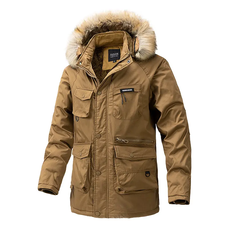 New Winter Men Hooded Fur Collar Down Jackets Casual Fleece Warm Long Parkas Tooling Jackets Quality Male Outdoors Coats Size 4X