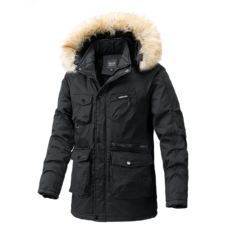 New Winter Men Hooded Fur Collar Down Jackets Casual Fleece Warm Long Parkas Tooling Jackets Quality Male Outdoors Coats Size 4X