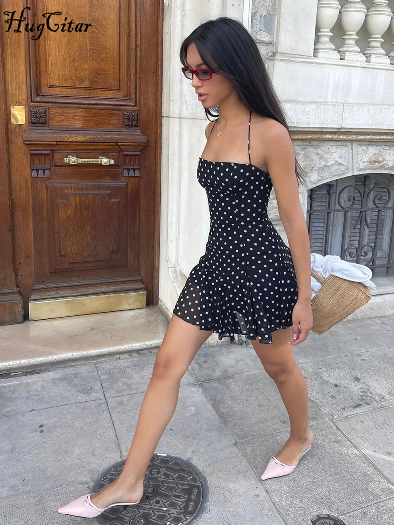 Hugcitar 2025 Spot Print Halter Backless Lace Up Sexy Slim Mini Dress Summer Y2K Women Outfit Evening Party Birthday Vacation