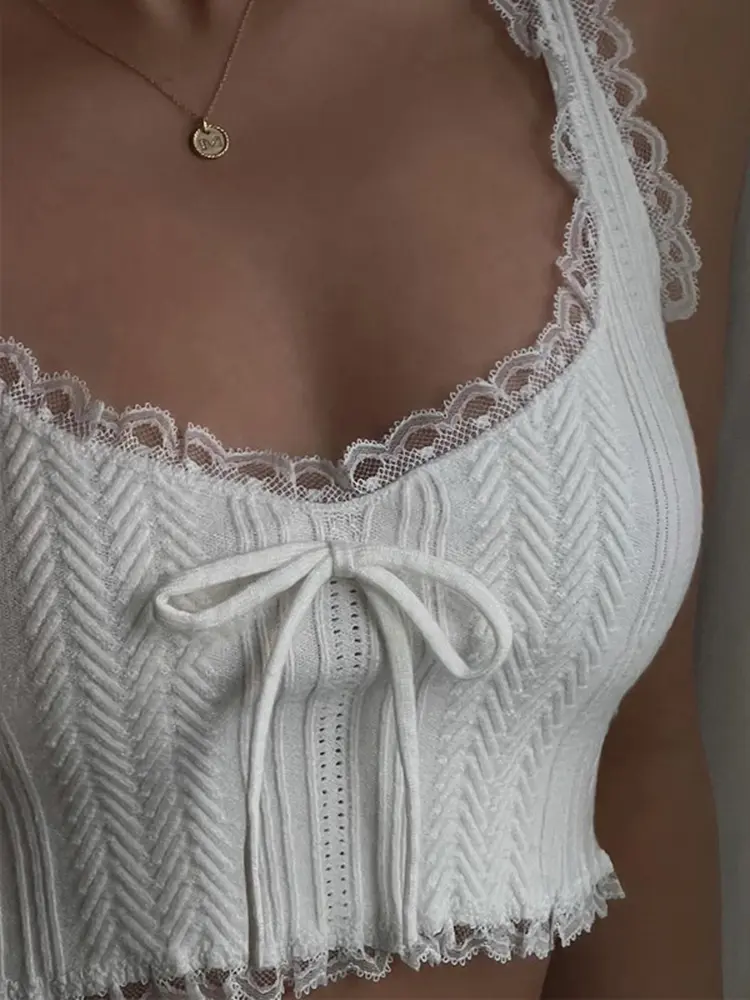 Hugcitar Lace Patchwork Women Bow Crop Top Tanks  Bodycon Sexy Streetwear Sweet Clothes For Women 2025 Summer