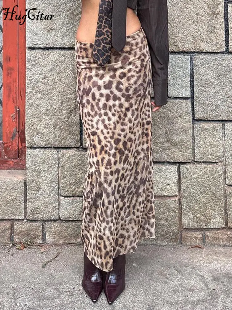 Hugcitar 2024 Fashion Mesh High Waist Leopard Print Sexy Loose Maxi Skirt Summer Women Casual Y2K Clothes Beach Vacation Party