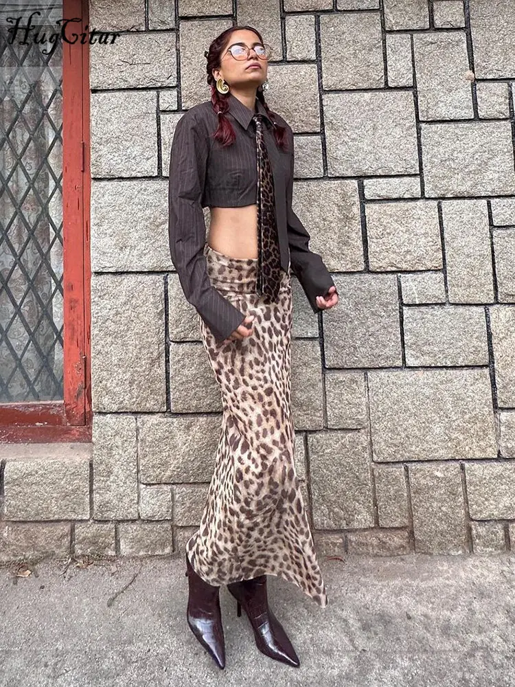Hugcitar 2024 Fashion Mesh High Waist Leopard Print Sexy Loose Maxi Skirt Summer Women Casual Y2K Clothes Beach Vacation Party