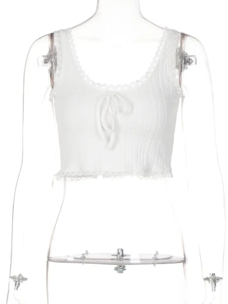 Hugcitar Lace Patchwork Women Bow Crop Top Tanks  Bodycon Sexy Streetwear Sweet Clothes For Women 2025 Summer
