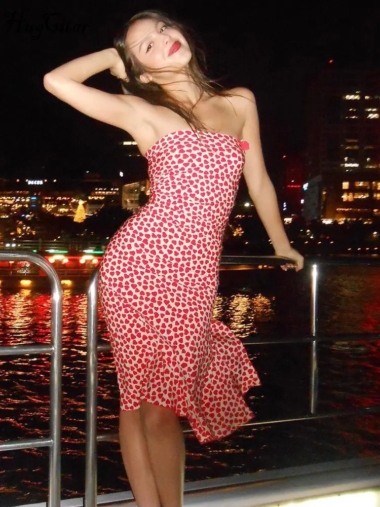 Hugcitar Elegant Heart Print Strapless Backless Slit Sexy Slim Maxi Dress 2025 Summer Women Y2K Outfits Party Festival Club
