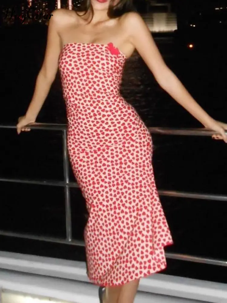 Hugcitar Elegant Heart Print Strapless Backless Slit Sexy Slim Maxi Dress 2025 Summer Women Y2K Outfits Party Festival Club