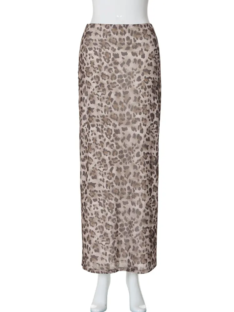 Hugcitar 2024 Fashion Mesh High Waist Leopard Print Sexy Loose Maxi Skirt Summer Women Casual Y2K Clothes Beach Vacation Party