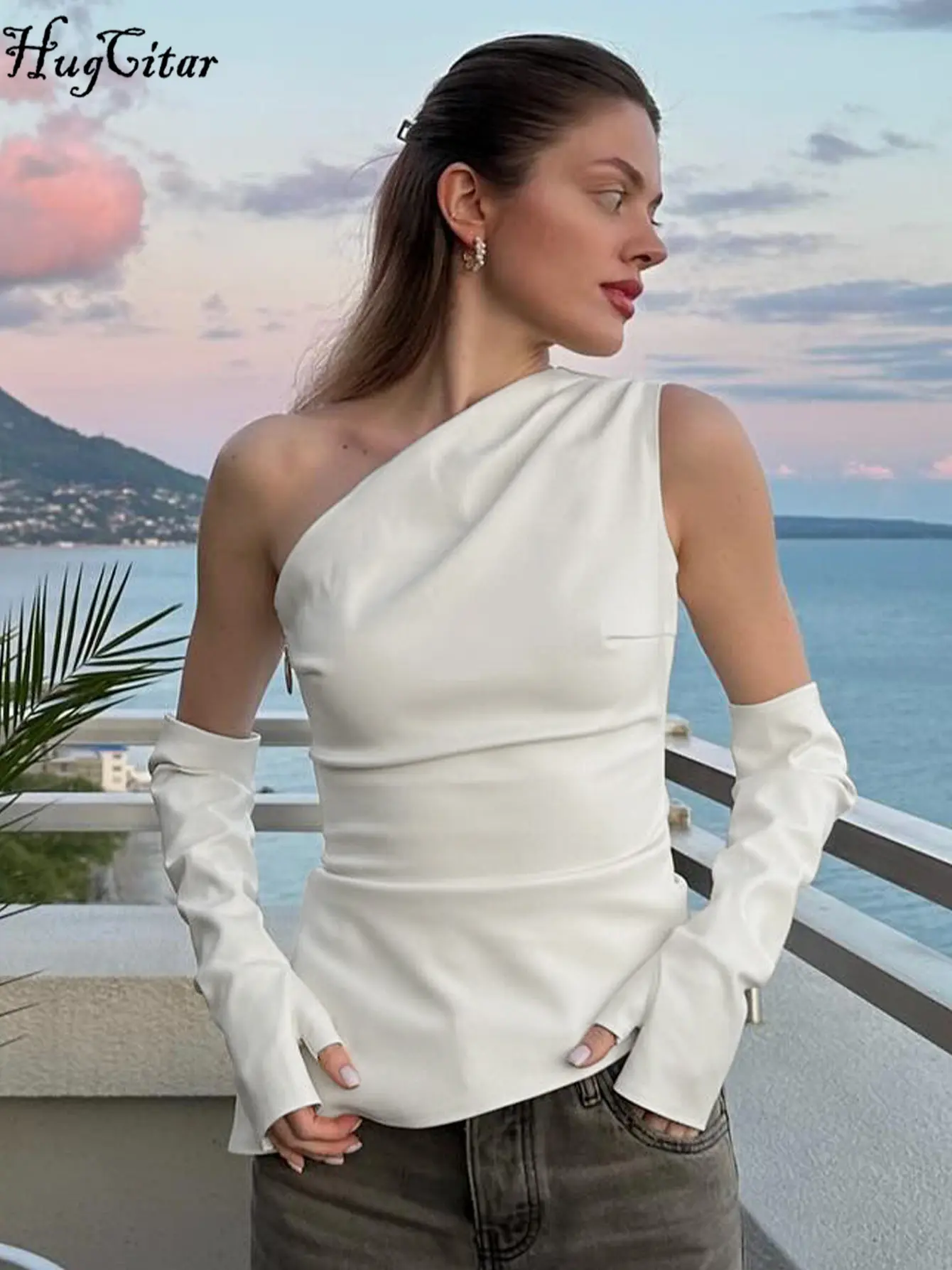 Hugcitar Fashion Pu Leather One Shoulder With Gloves Sexy Slim Crop Tank Top 2024 Fall Women Casual Outfits Rave Party Vacation